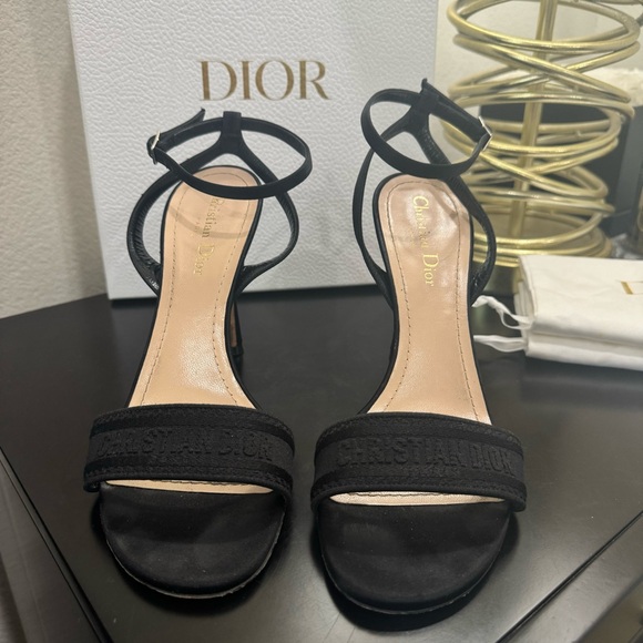 Christian Dior Dway Embroidered Logo Sandal Heel Satin Black 39.5 - Picture 4 of 10